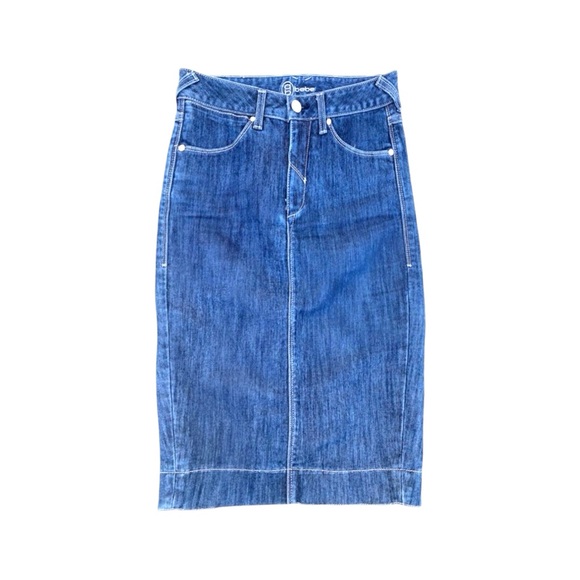 Vintage 90s Bebe Dark Blue Denim Midi Skirt - Picture 1 of 9